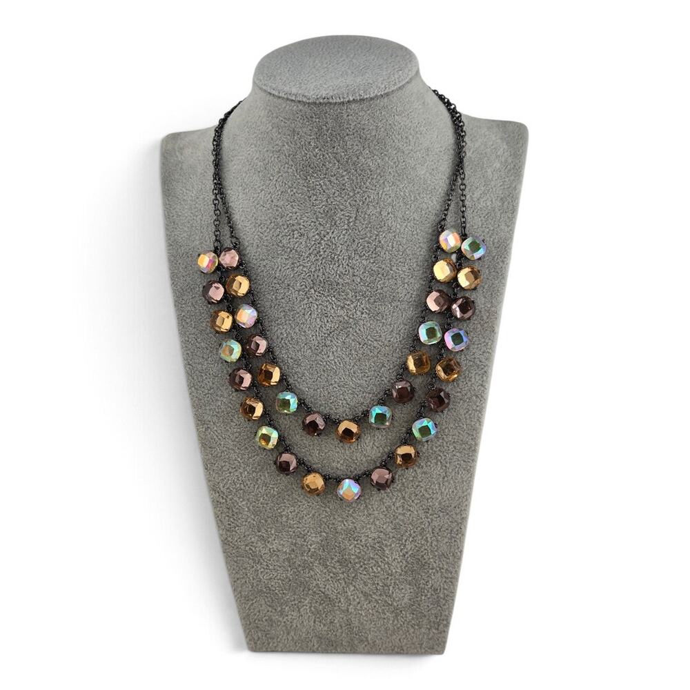 Time and Tru Double Strand Statement Necklace AB Amber Brown Rhinestones